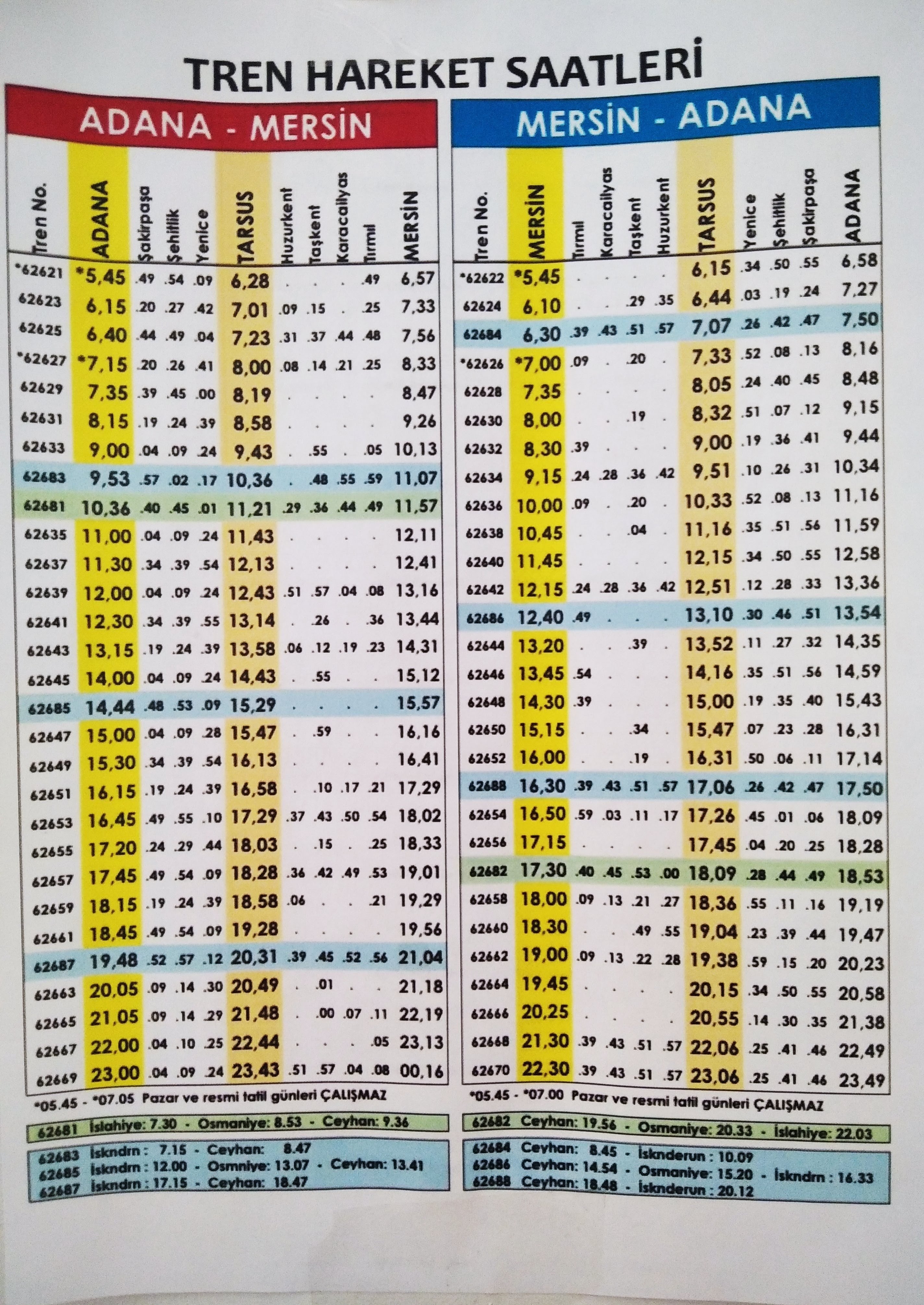 MERSİN-ADANA VE ADANA - MERSİN arası tren sefer saatleri